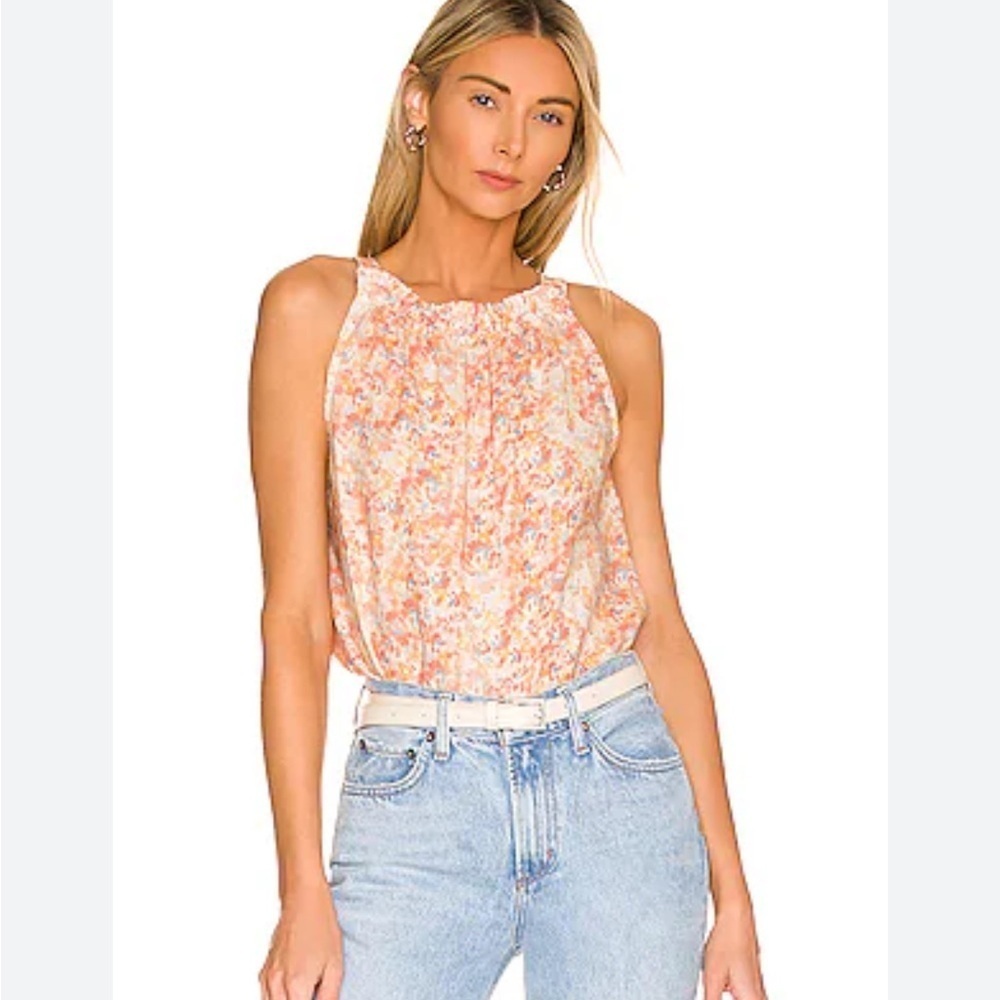 Bella Dahl Linen Shirred Peach Floral Print Halter Revolve Made in USA Sz Large‎